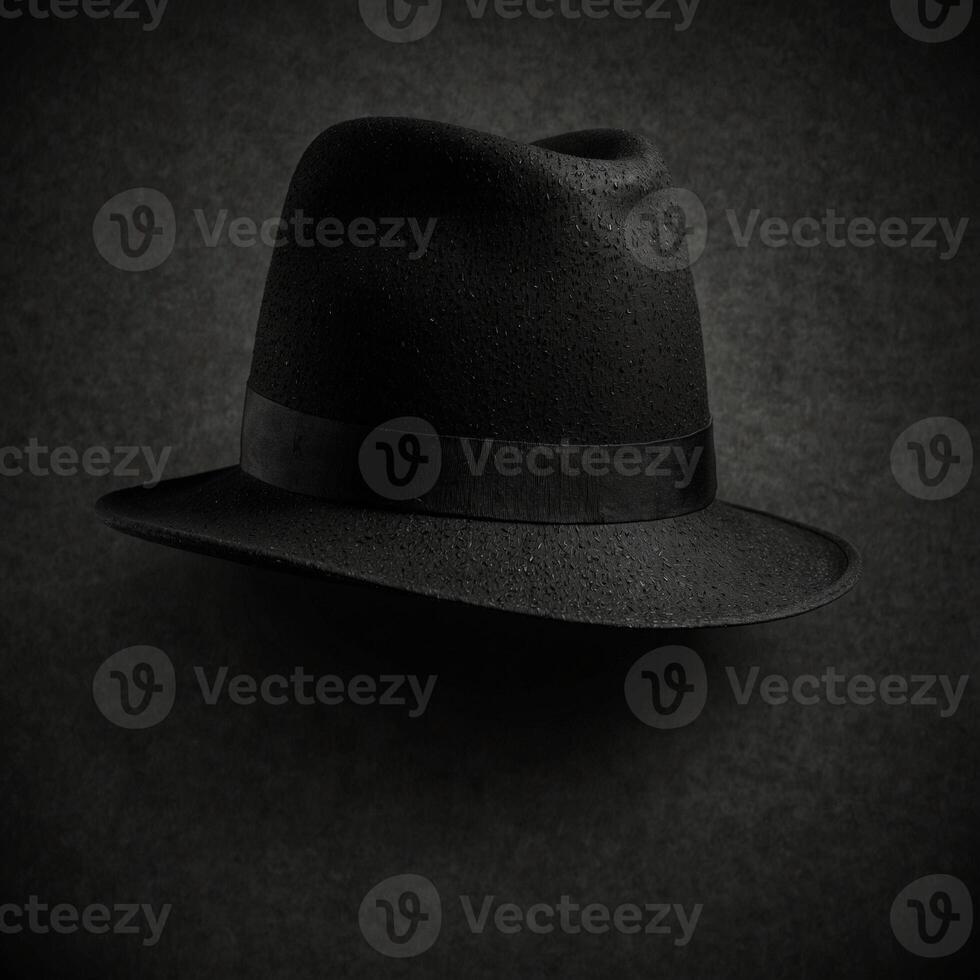 A sophisticated black fedora hat adorned with delicate raindrops, set against a dark background. This image captures the essence of mystery and elegance, making it ideal for noir aesthetics, fashion photo
