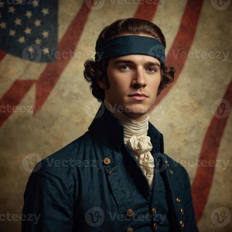 The American Revolutionary era, featuring a young man dressed in period-appropriate attire. He wears a dark blue coat with gold buttons, a white cravat, and a headband. photo