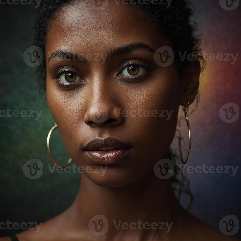 A close-up portrait of a woman with strikingly beautiful green eyes. Her deep brown skin is illuminated with soft, natural light, revealing a smooth complexion. photo