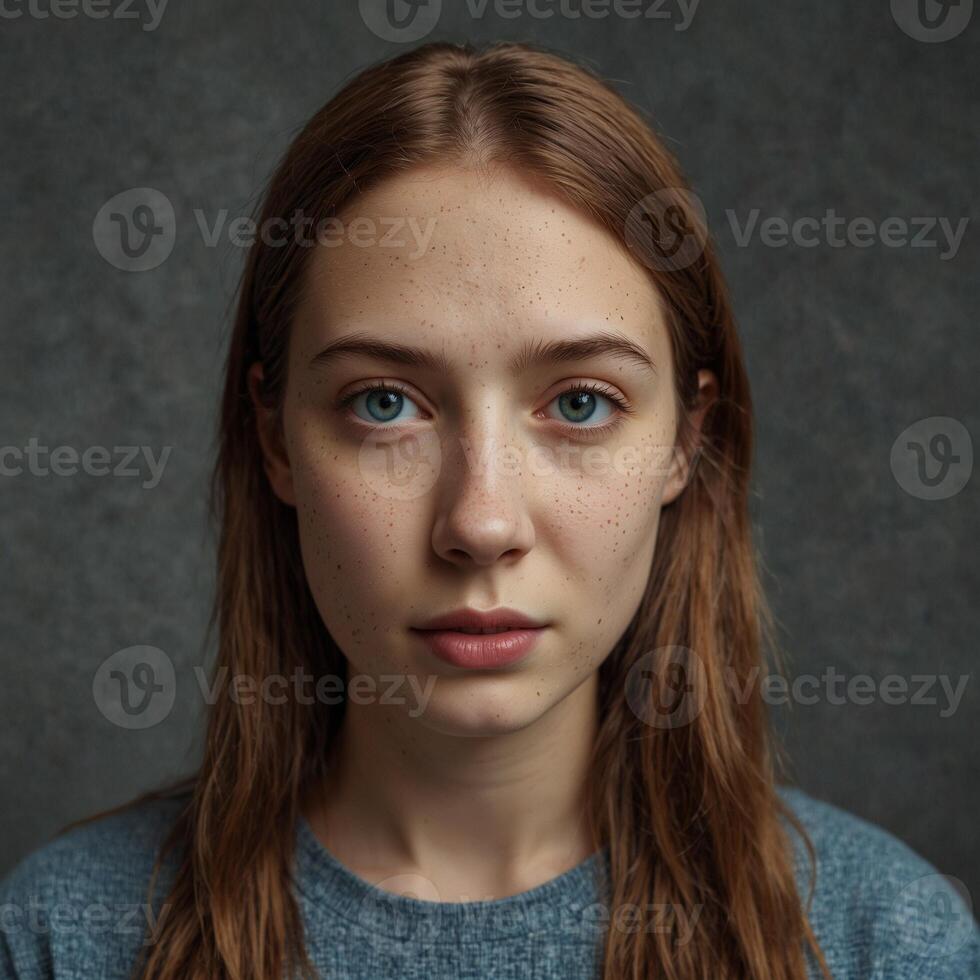 A young woman with straight, light brown hair and striking blue eyes. She has a fair complexion with a sprinkling of freckles across her cheeks and nose. The expression on her face is neutral. photo