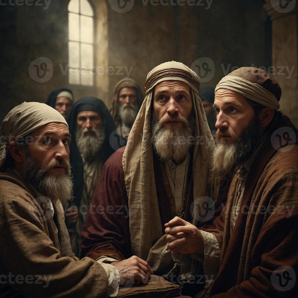 A group of men dressed in traditional ancient Middle Eastern attire, featuring long robes and head coverings. The scene is set in a dimly lit room with a window that allows some light to enter photo