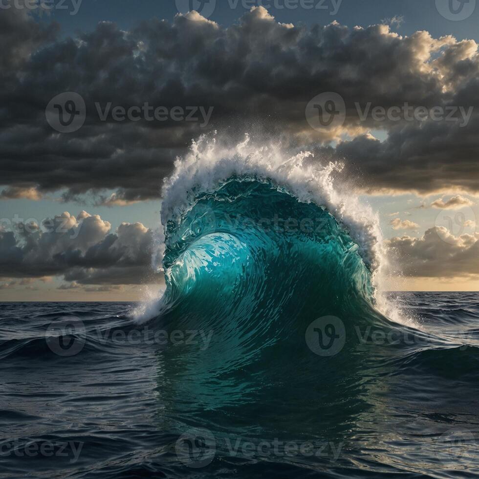 The raw power and beauty of the ocean. It features a massive, cresting wave illuminated by the light of either sunrise or sunset, casting a dramatic glow on the turbulent waters. photo