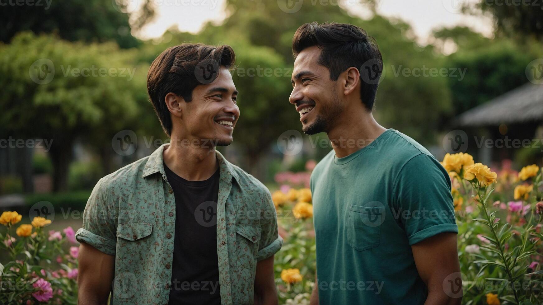 Loving gay couple enjoying romantic moment together standing close to each other amidst blooming flowers in park setting photo