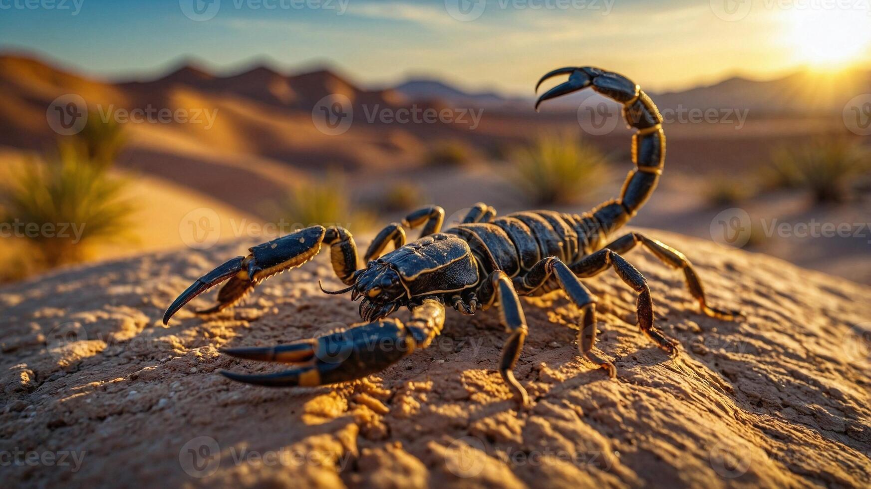 Scorpion with its robust body and curved tail in the middle of a dessert photo