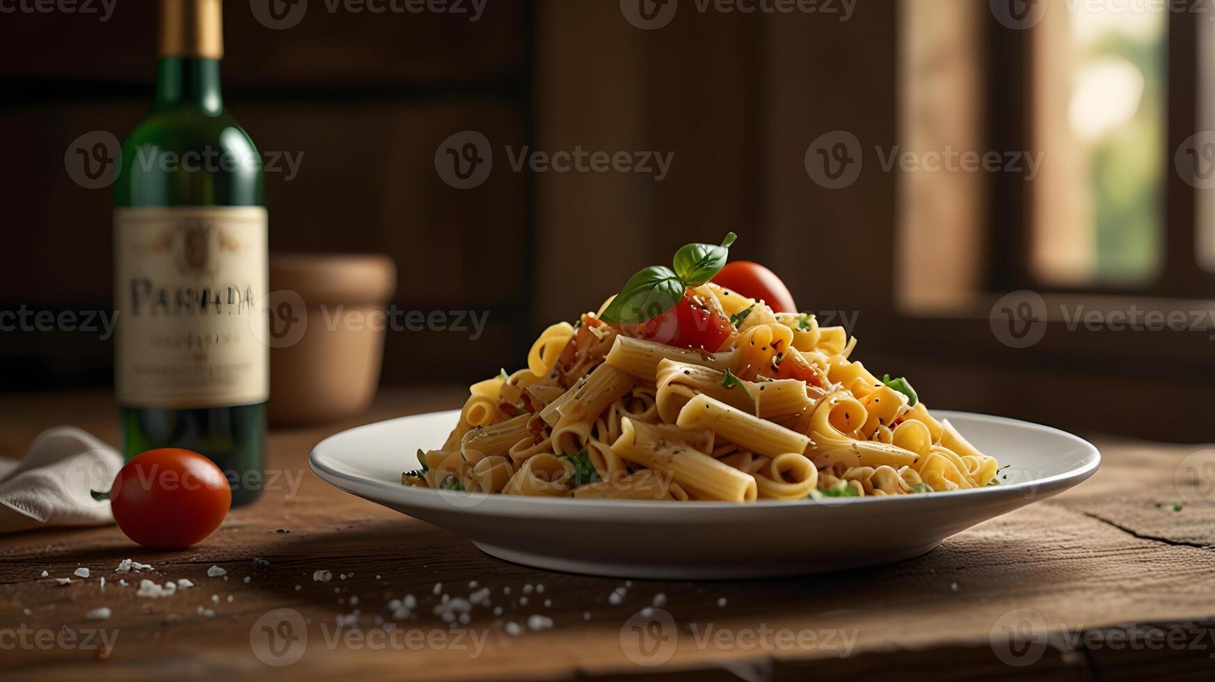 pasta pasta con tomate y albahaca hoja servido en de madera mesa, difuminar antecedentes foto