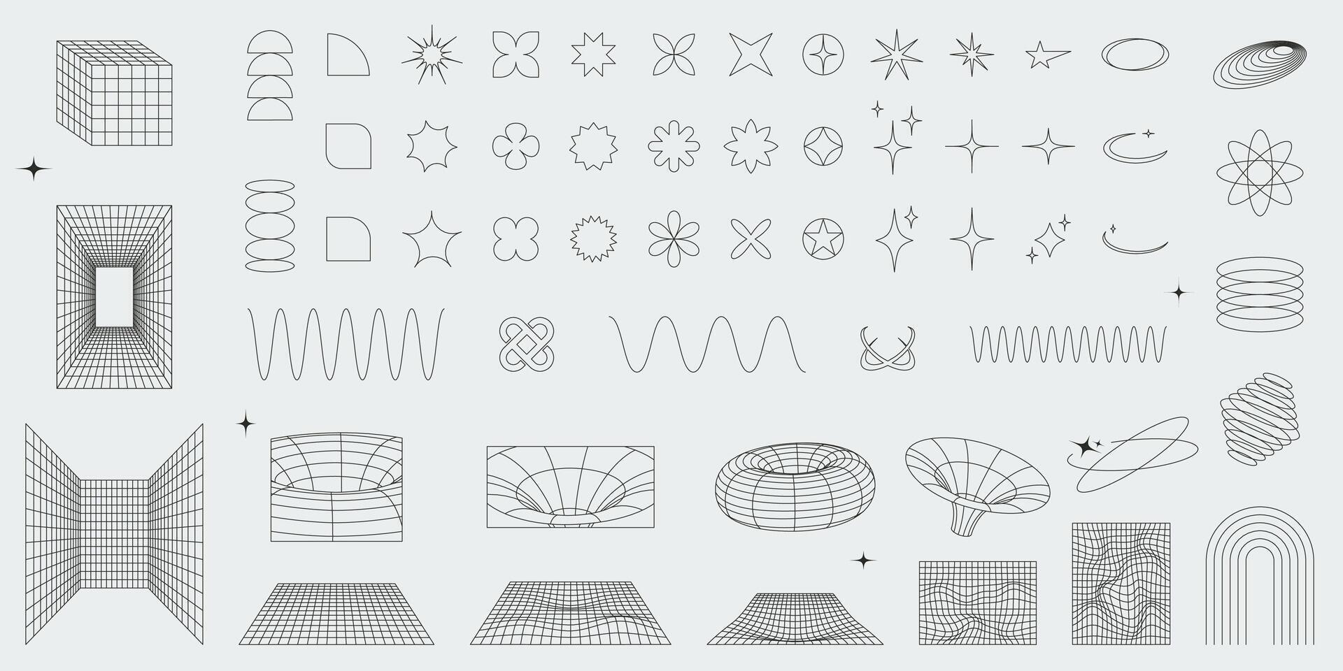 Abstract geometric shapes, wireframes and grids big set. Brutalist style outline figures. Editable stroke outline figures. Y2k aesthetic elements vector