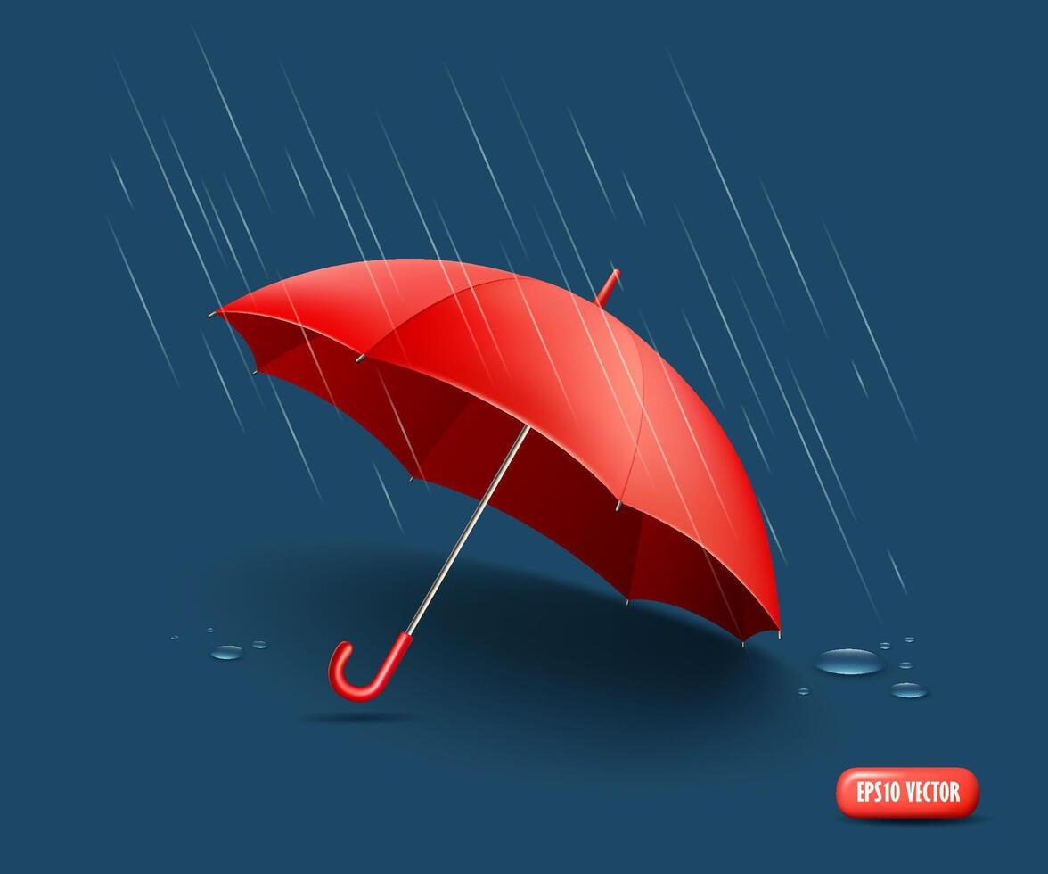Red umbrella realistic, Rain and water drops design on dark blue background vector