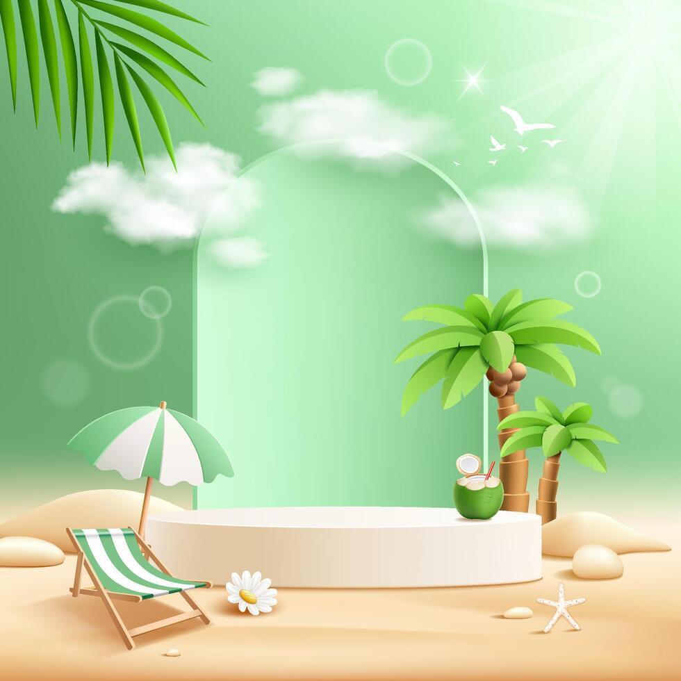 Summer podium display poster flyer design, coconut trees, pile of sand, coconut fruit, beach umbrella, on green background vector