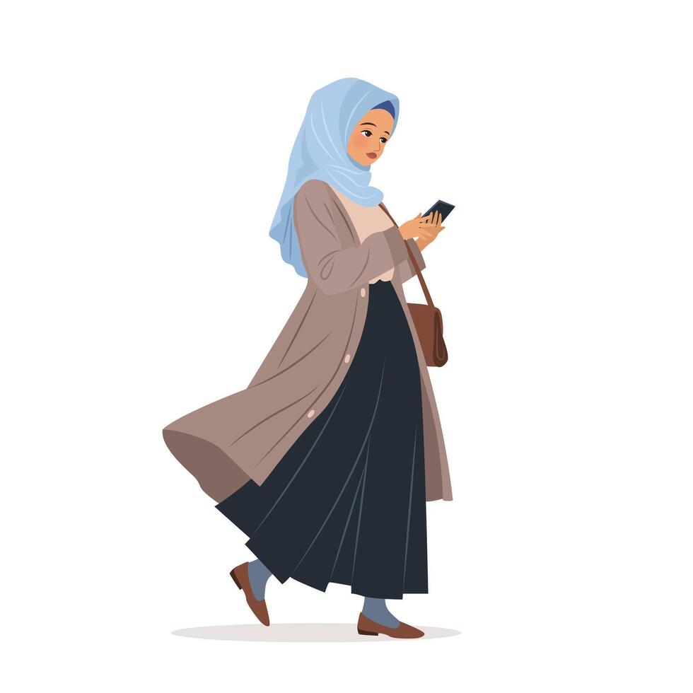 Muslim woman in hijab walking and using her smartphone. Character holding a mobile phone in her hands, surfing internet and chatting. isolated illustration on white background. vector