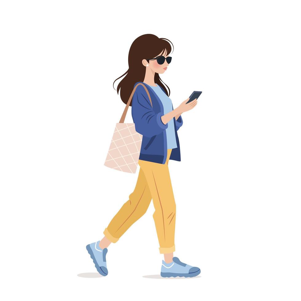 Young woman in casual clothing walking and using her smartphone. Character holding a mobile phone in her hands, surfing internet and chatting. isolated illustration on white background. vector