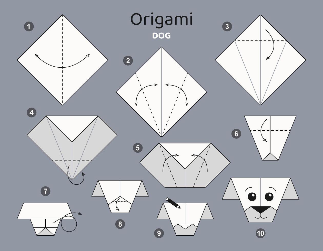 Dog origami scheme tutorial moving model. Origami for kids. Step by step how to make cute paper puppy. illustration. vector