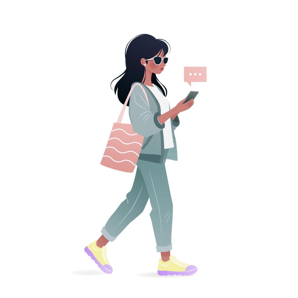 Young woman in wireless headphones walking and using her smartphone. Character holding a mobile phone in her hands, surfing internet and chatting. isolated illustration on white background. vector