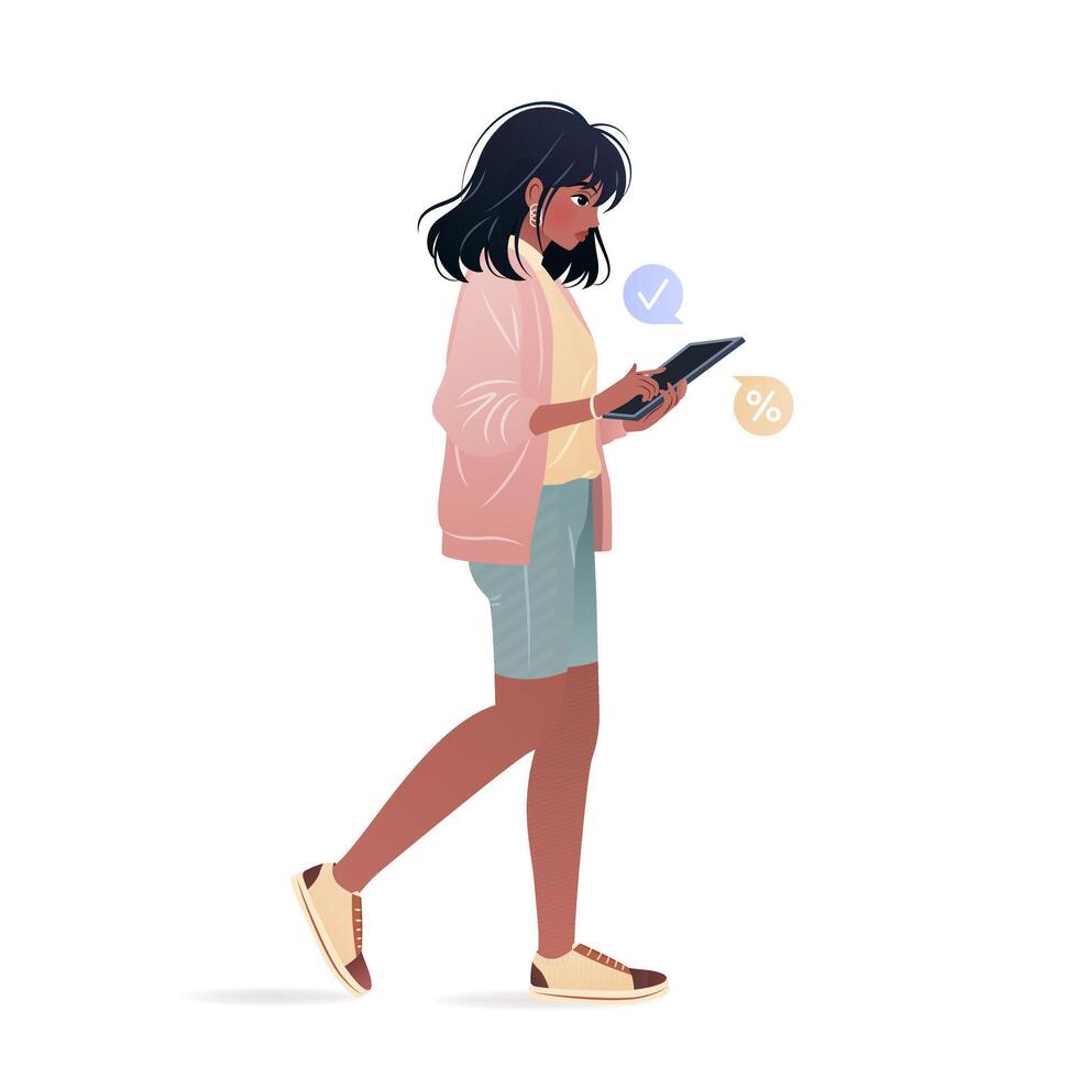 Young woman in casual clothing walking and using her tablet. Character holding a gadget in her hands, surfing internet, shopping in online store. isolated illustration on white background. vector