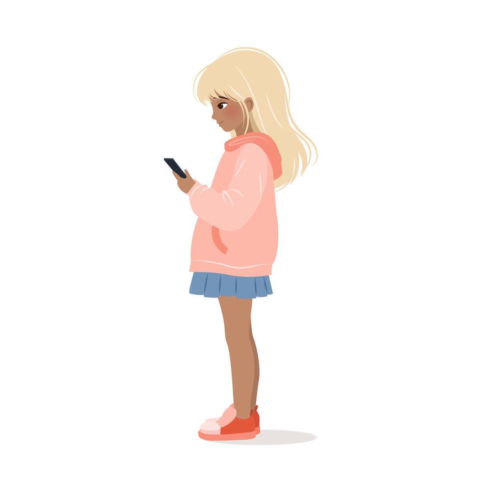 Little girl in casual clothing standing and using her smartphone. Female character holding a mobile phone in her hands and reading messages. isolated illustration on white background. vector