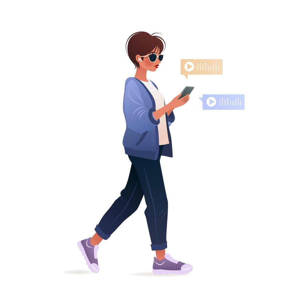 Young woman in wireless headphones walking and using her smartphone. Character holding a mobile phone in her hands and listening to voice messages. isolated illustration on white background. vector