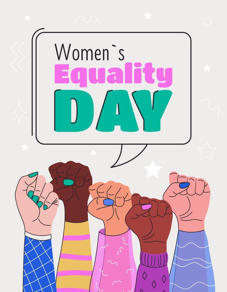 National Womens Equality Day Banner. Vertical banner with Female Hands clenched into a fist. August 26. illustration. Bright Background for Womens Rights, Equality, and Empowerment. vector