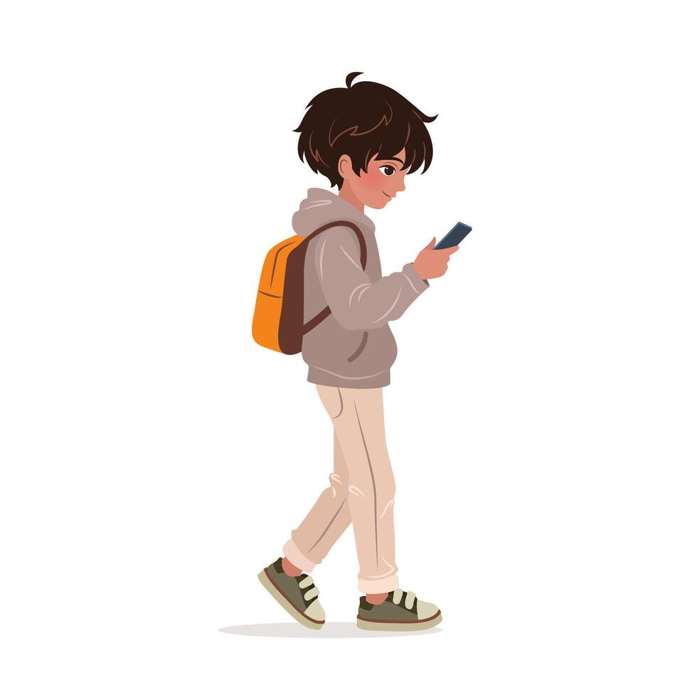 Little Boy in casual clothing walking and using his smartphone. Male character holding a mobile phone in his hands and reading messages. isolated illustration on white background. vector