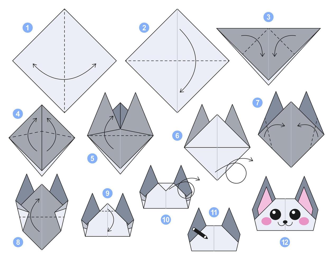Cat origami scheme tutorial moving model. Origami for kids. Step by step how to make a cute origami pet. illustration. vector