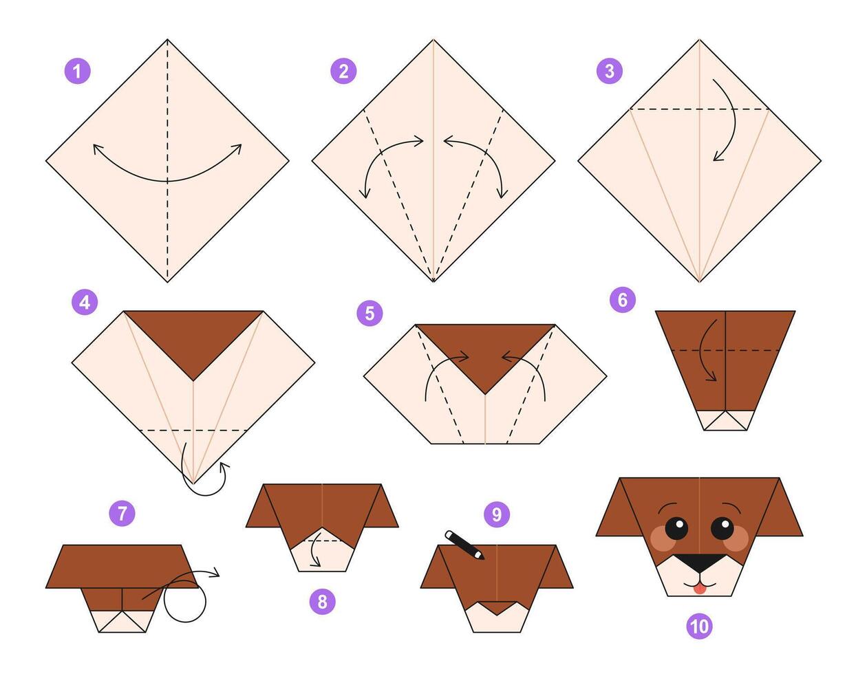 Dog origami scheme tutorial moving model. Origami for kids. Step by step how to make cute paper puppy. illustration. vector