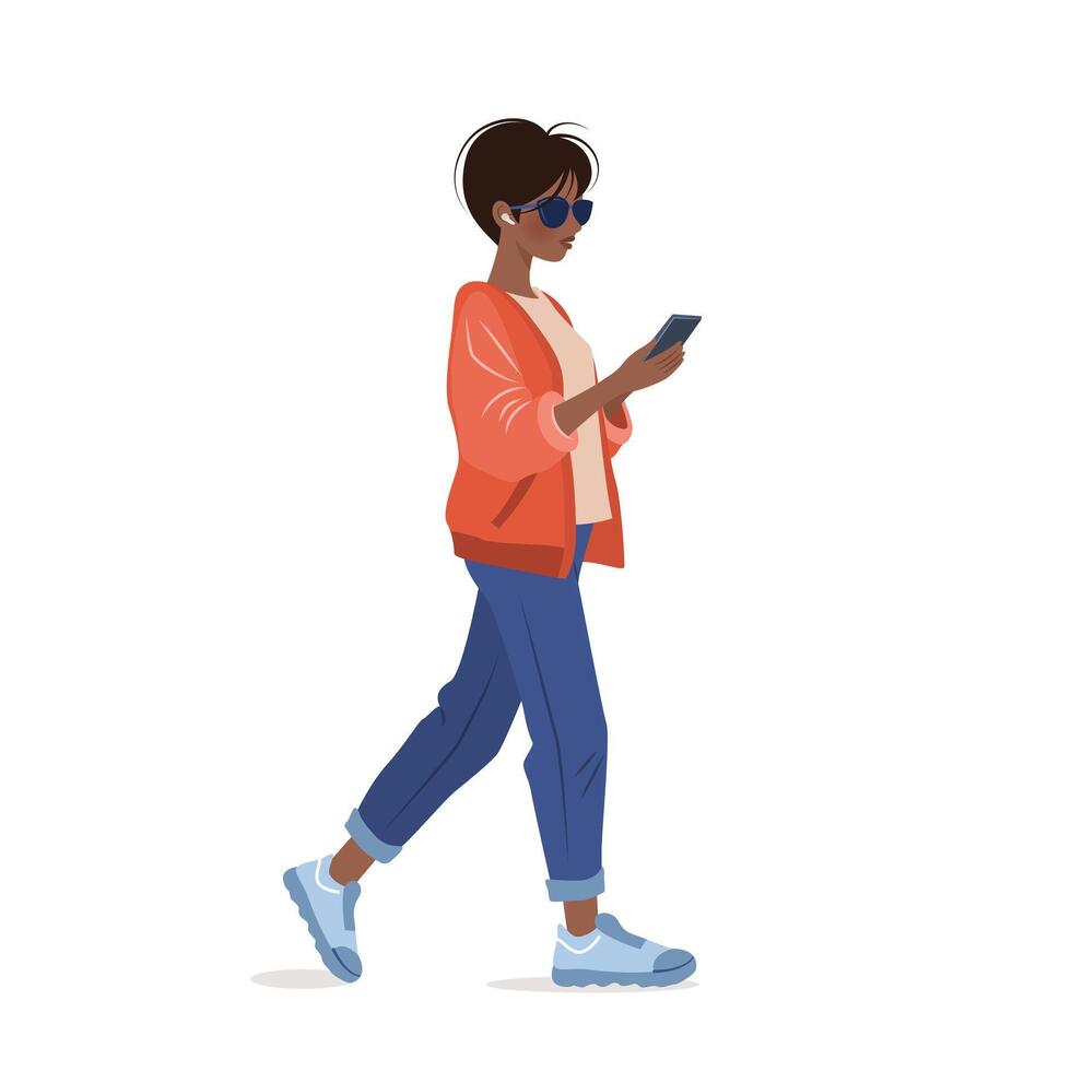 Young woman in wireless headphones walking and using her smartphone. Character holding a mobile phone in her hands, surfing internet and chatting. isolated illustration on white background. vector