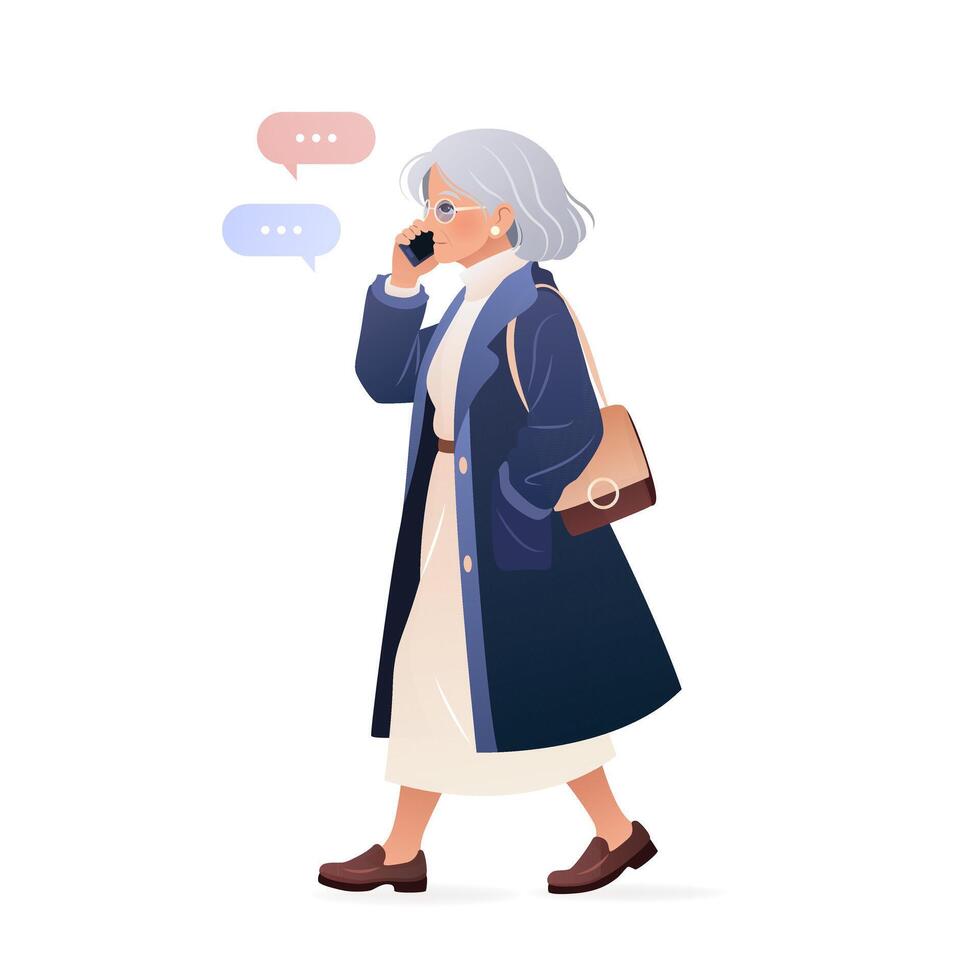 Elderly woman in casual clothing walking and using her smartphone. Character holding a mobile phone in her hands and talking on it. isolated illustration on white background. vector