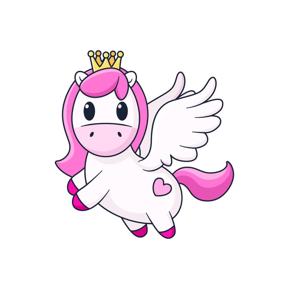 Cute cartoon unicorn with wings and crown. isolated illustration with magic animal on white background. Flat art for print, posters, covers and etc. vector