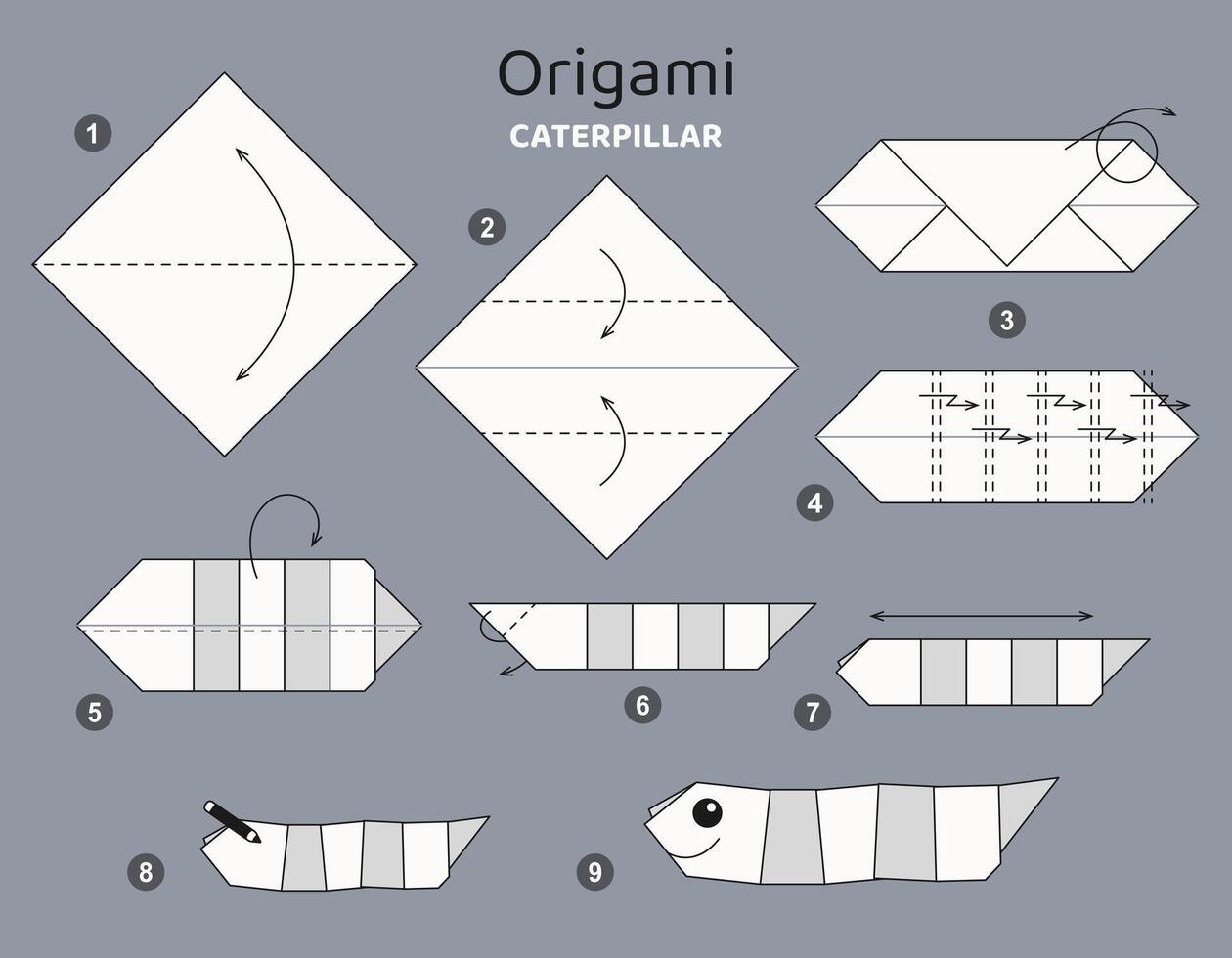 Caterpillar origami scheme tutorial moving model. Origami for kids. Step by step how to make cute paper insect. illustration. vector