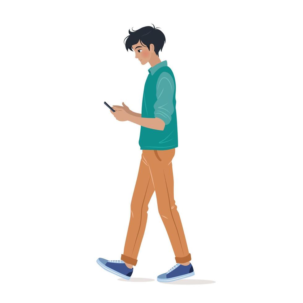 Student in casual clothing walking and using his smartphone. Male character holding a mobile phone in his hands and reading messages. isolated illustration on white background. vector