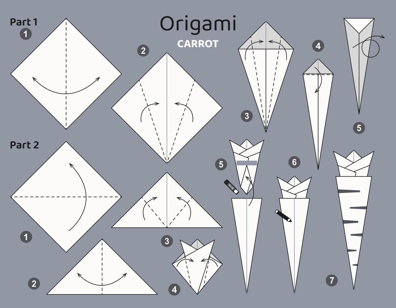 Carrot origami scheme tutorial moving model. Origami for kids. Step by step how to make vegetable. illustration. vector