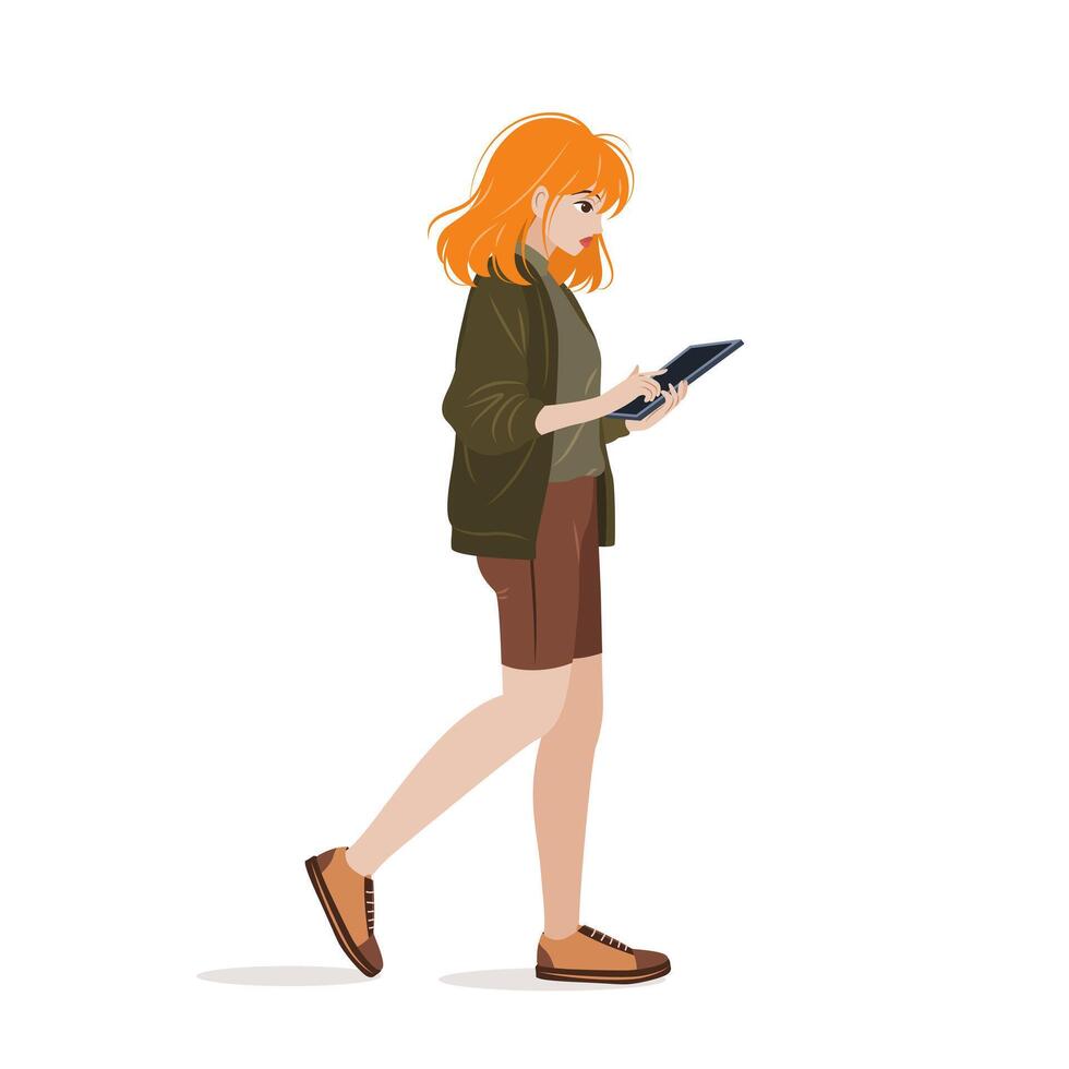 Young woman in casual clothing walking and using her tablet. Character holding a gadget in her hands, surfing internet, shopping in online store. isolated illustration on white background. vector