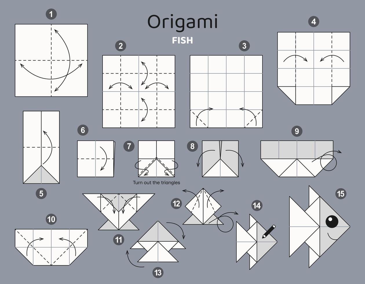Fish origami scheme tutorial moving model. Origami for kids. Step by step how to make a cute paper aquarium fish. illustration. vector
