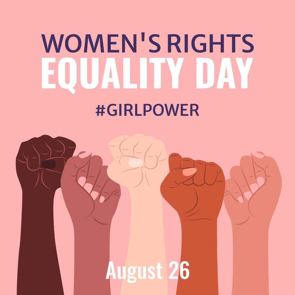 National Womens Equality Day Banner. Square banner with Female Hands clenched into a fist. August 26. illustration on Pink Background for Womens Rights, Equality, and Empowerment. vector