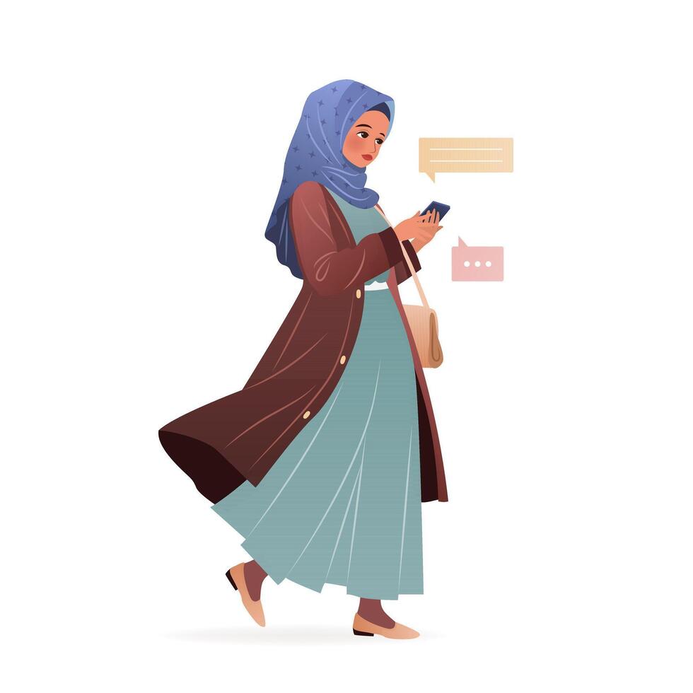 Young Muslim woman in hijab holding smartphone and chatting, scrolling social media, reading, using applications. Female cartoon character with mobile phone. isolated illustration on white background. vector