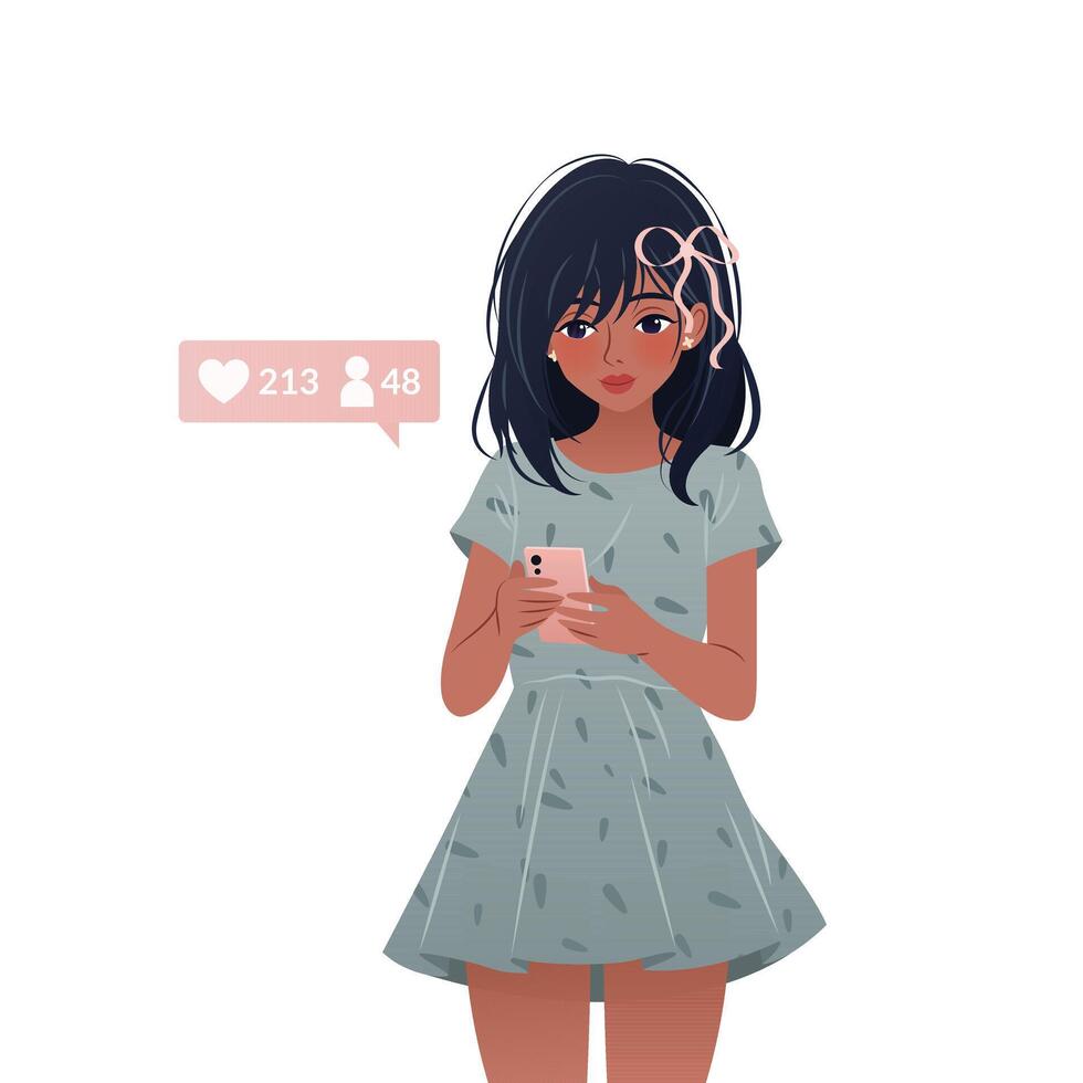 Young woman is standing and using her smartphone. Character is holding a mobile phone in her hands, surfing internet and chatting. isolated illustration on white background. vector
