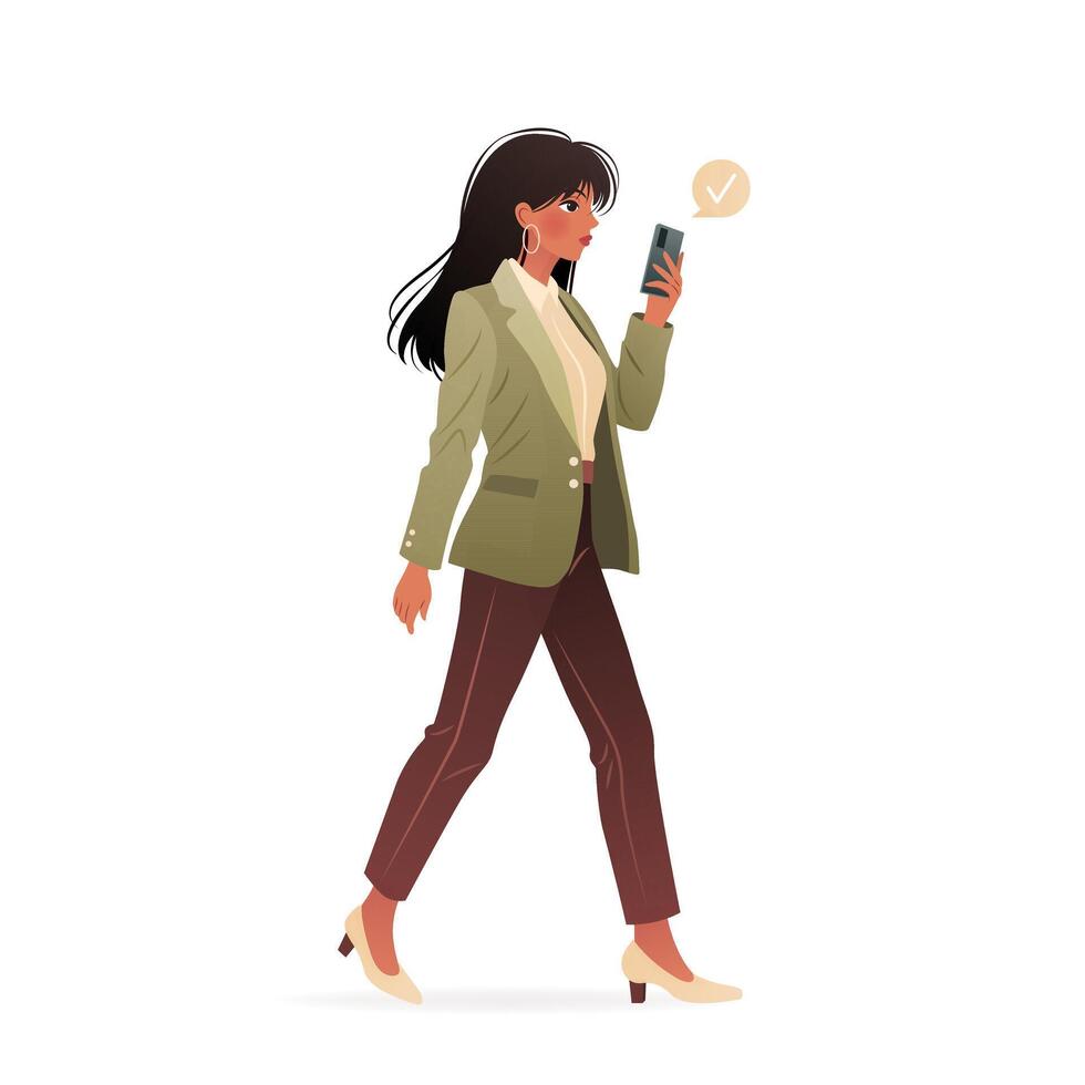 Young woman in casual clothing walking and using her smartphone. Character holding a mobile phone in her hands, surfing internet and chatting. isolated illustration on white background. vector