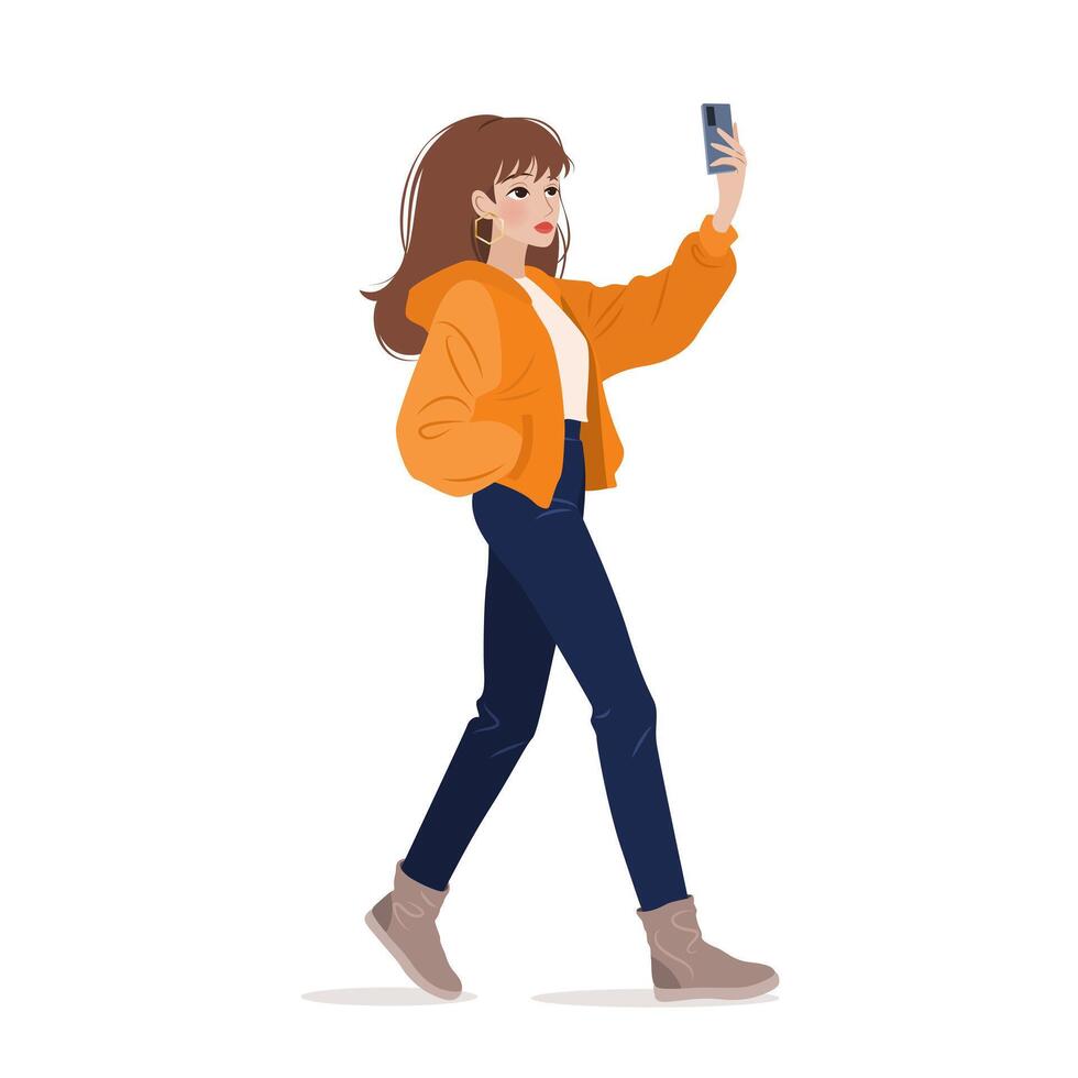 Young woman in casual clothing walking and using her smartphone. Character holding a mobile phone in her hands and taking a selfie. isolated illustration on white background. vector