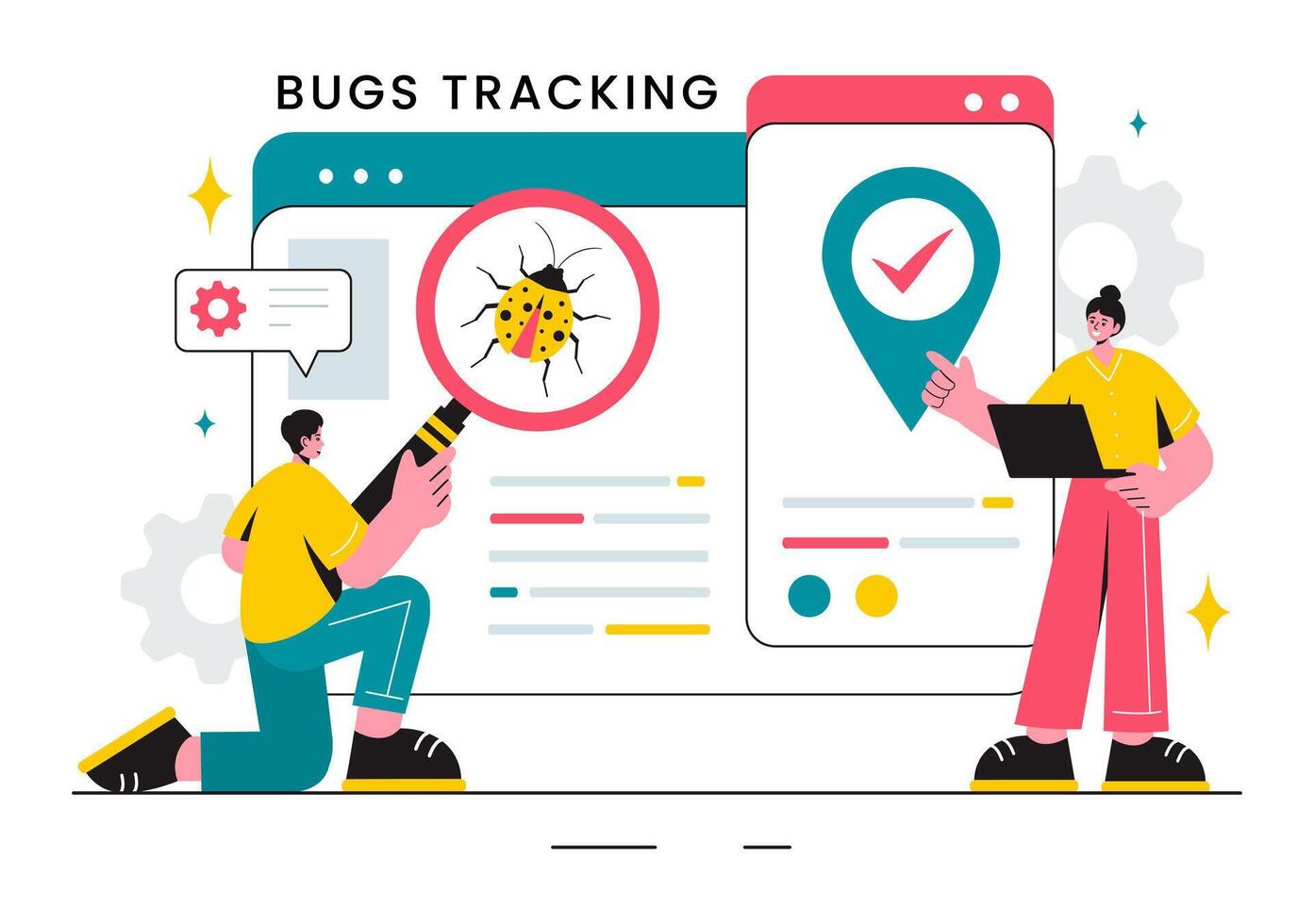 Illustration of a Bug Tracking Tool with Mobile Phone Protection from Computer Viruses in a Website Security Flat Cartoon Background vector