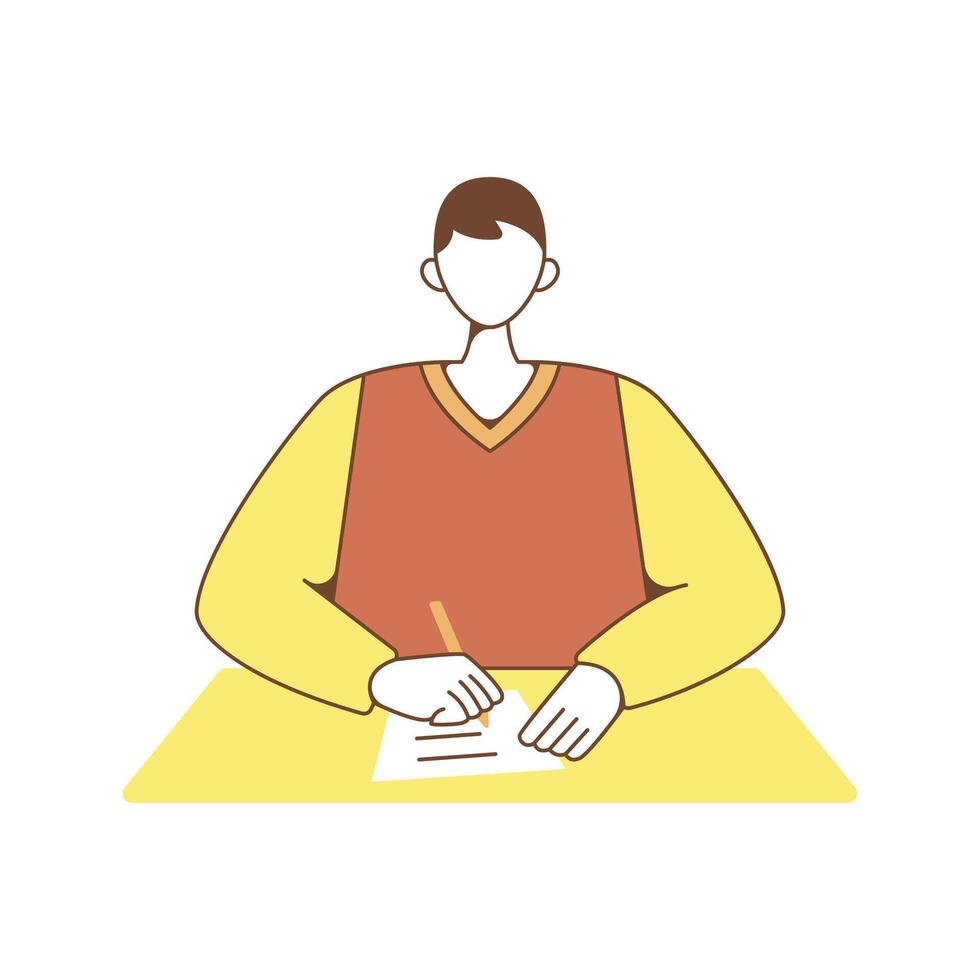 Boy High School Student Cartoon Character is Writing on Paper vector