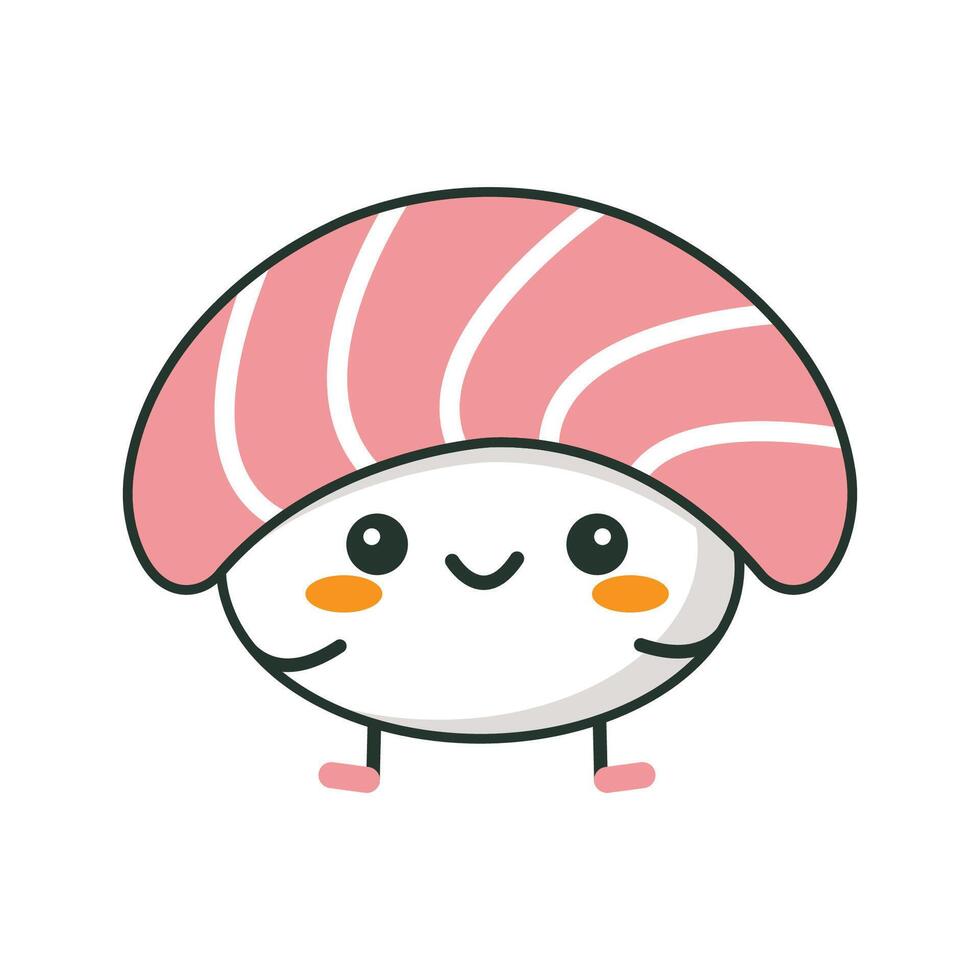 Cute Sushi Japanese Food Cartoon Character with Salmon Fish and Happy Expression vector
