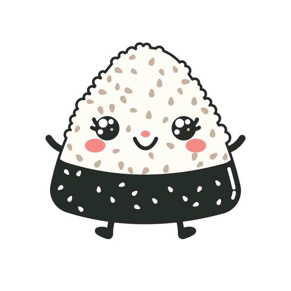 Cute Onigiri Rice Japanese Food Cartoon Character Wrapped Nori Seaweed with Smile Expression vector