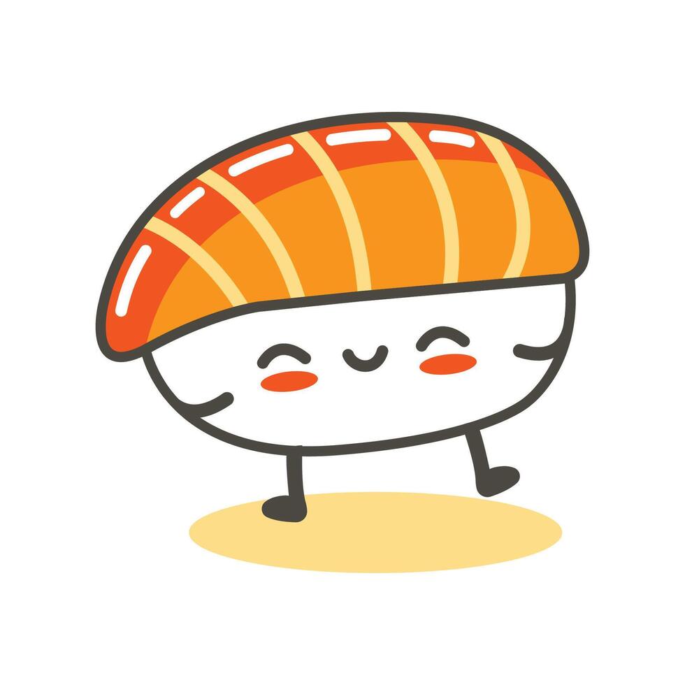 Cute Sushi Japanese Food Cartoon Character with Salmon Fish and Happy Expression vector