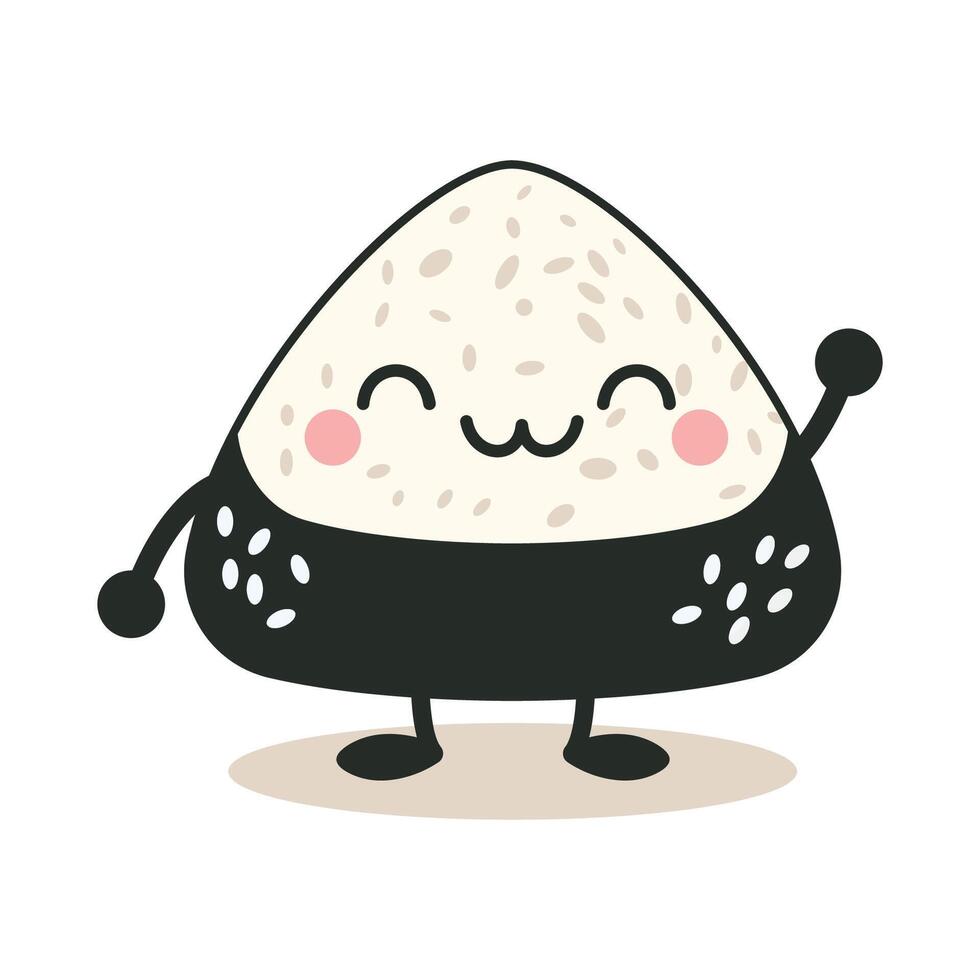 Cute Onigiri Rice Japanese Food Cartoon Character Wrapped Nori Seaweed with Smile Expression vector