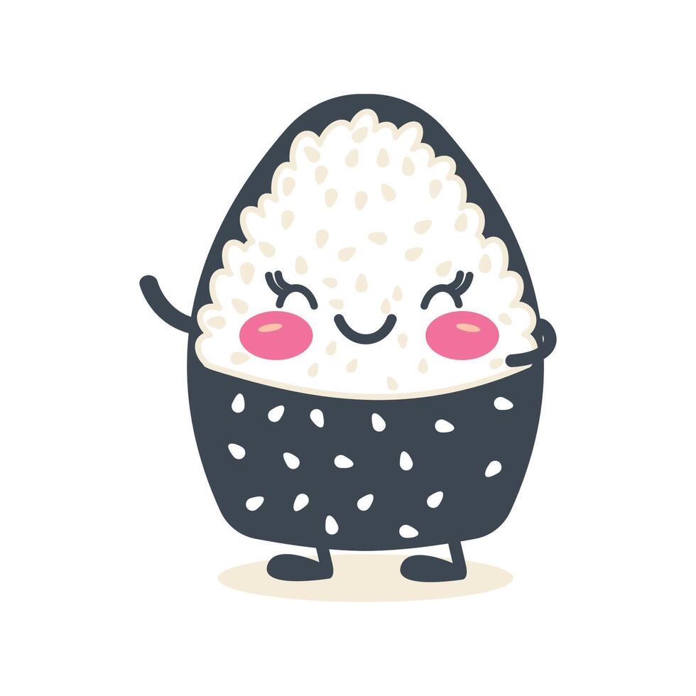 Cute Onigiri Rice Japanese Food Cartoon Character Wrapped Nori Seaweed with Smile Expression vector