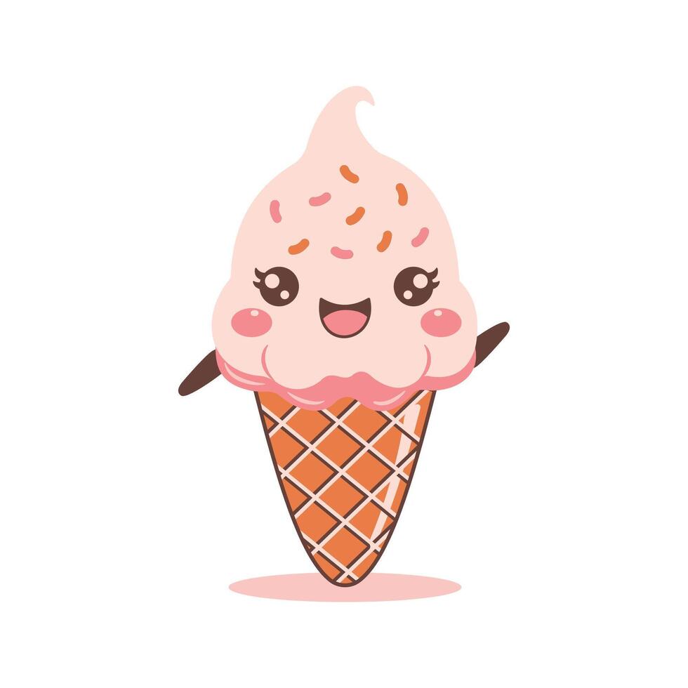 Cute Pink Strawberry Cone Ice Cream Cartoon Character with Happy Expression vector