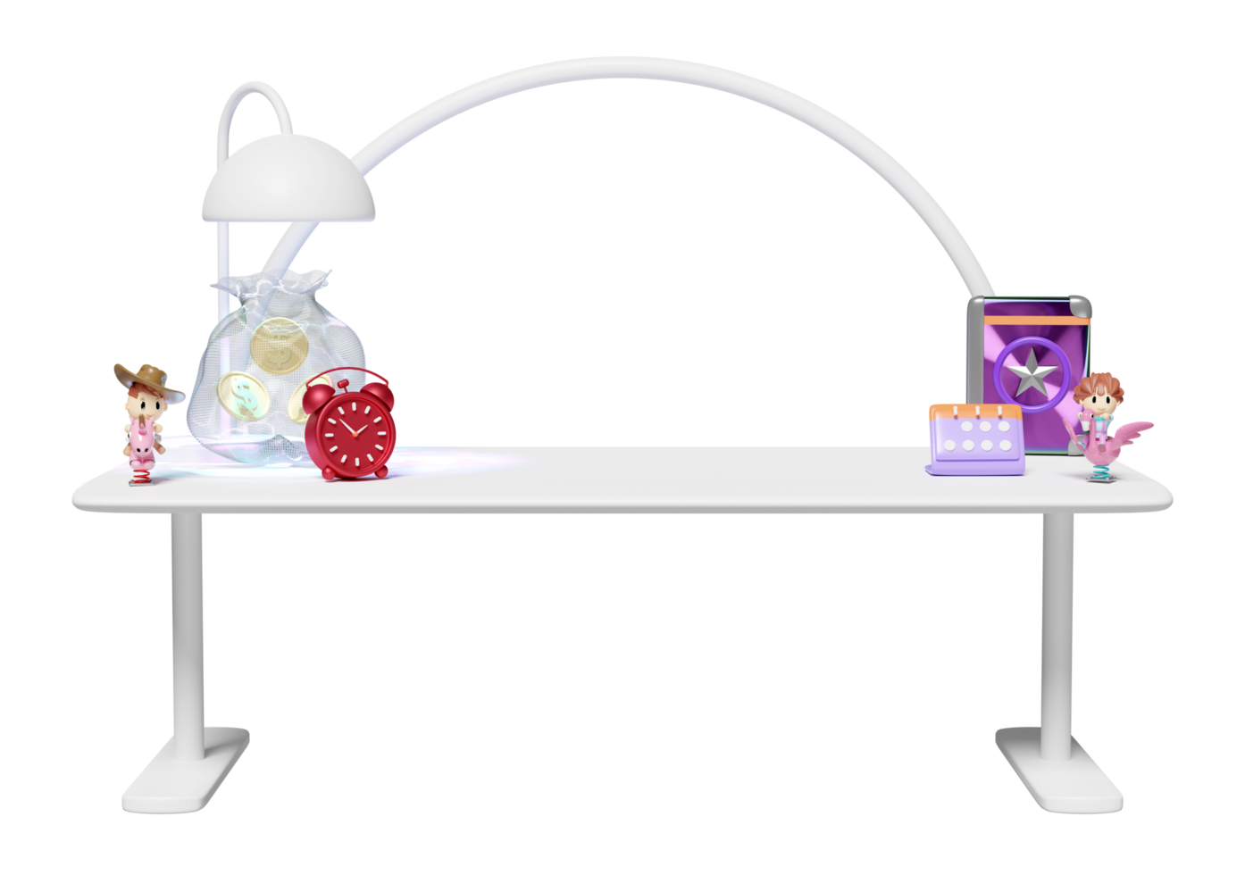 3d desk in office with toy, book, calendar, alarm clock, money bag isolated. 3d render illustration png