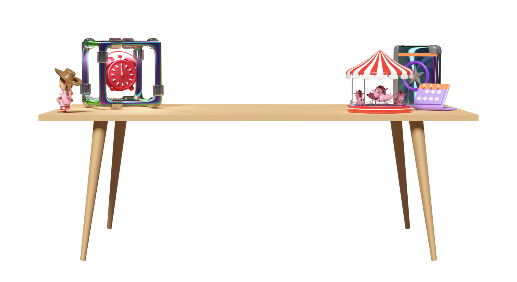 3d desk in office with toy, book, calendar, alarm clock isolated. 3d render illustration png