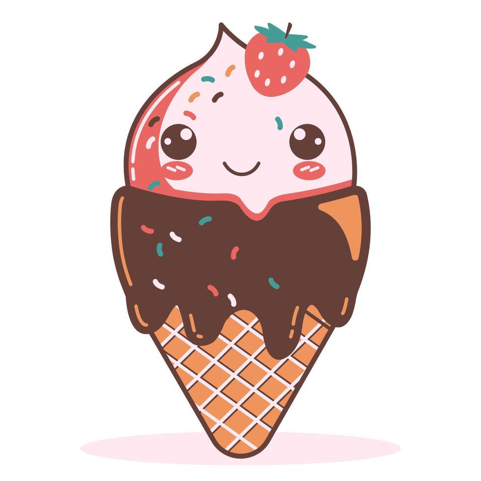 Design of Cute Strawberry Cone Ice Cream Cartoon Character with Happy Expression vector