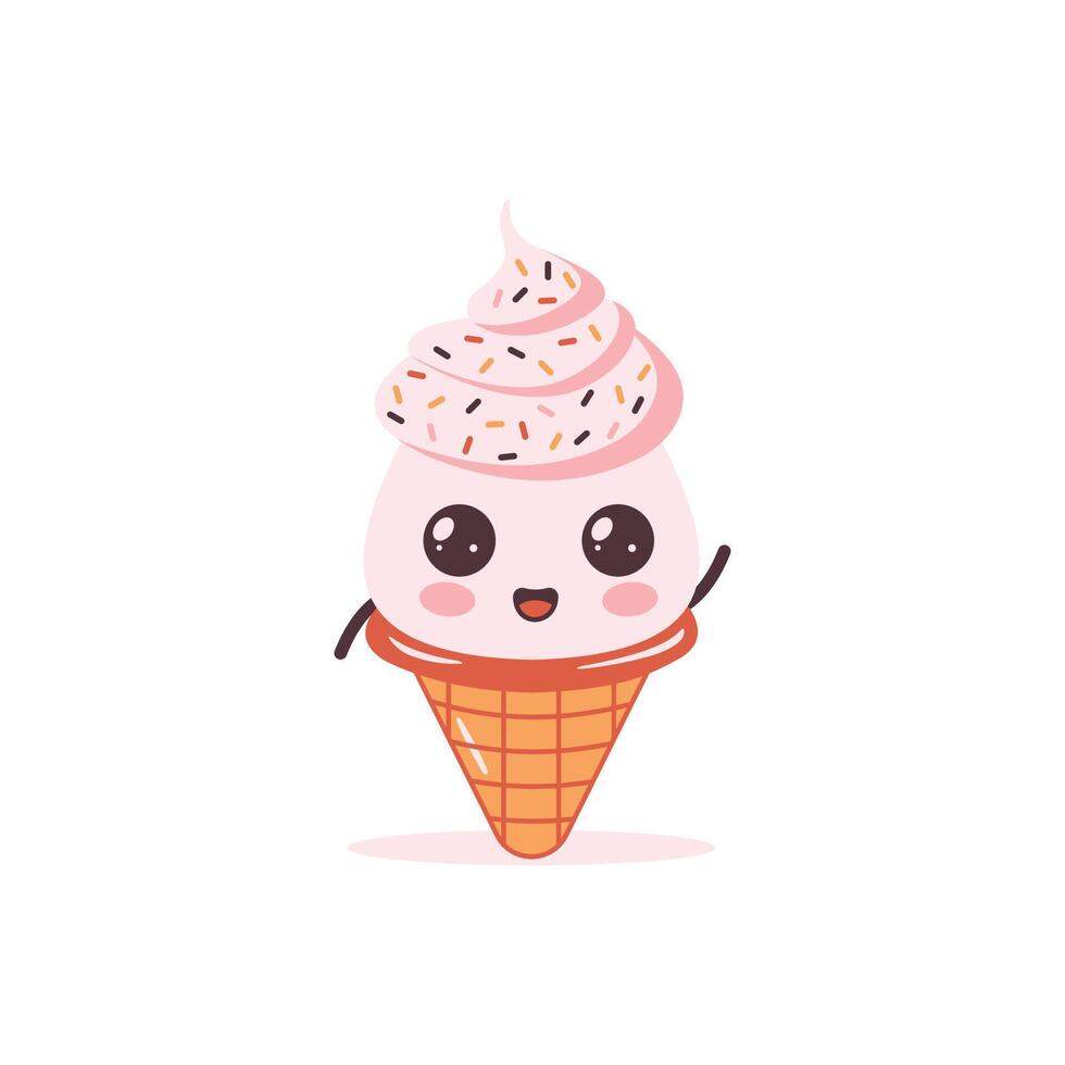 Cute Pink Strawberry Cone Ice Cream Cartoon Character with Happy Expression vector