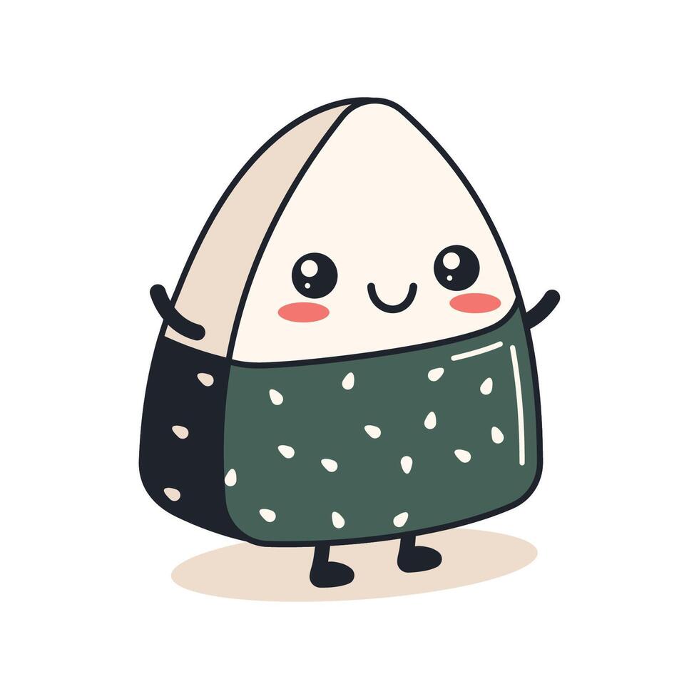 Cute Onigiri Rice Japanese Food Cartoon Character Wrapped Nori Seaweed with Smile Expression vector