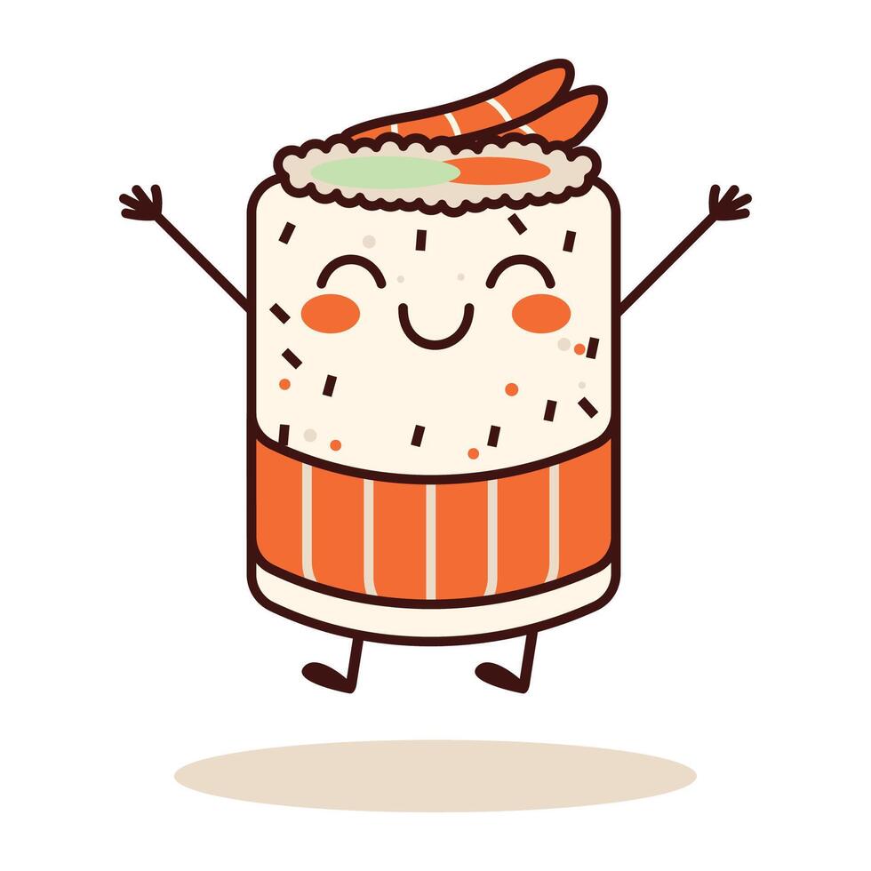 Cute Rice Sushi Roll Japanese Food Cartoon Character with Happy Expression vector